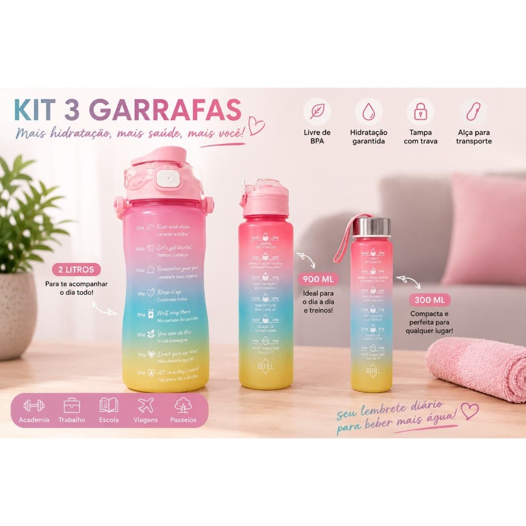 Kit 3 Garrafas Água Academia Squeeze 2L 900ml 300ml Fitness