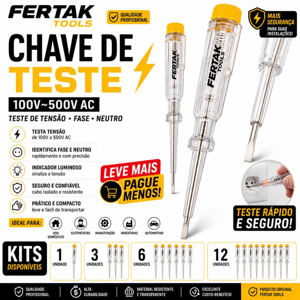Chave de Teste Elétrica Fertak Tools 100V 500V Detector de Tensão Fase Neutro Profissional Kit 1 3 6 12 Unidades