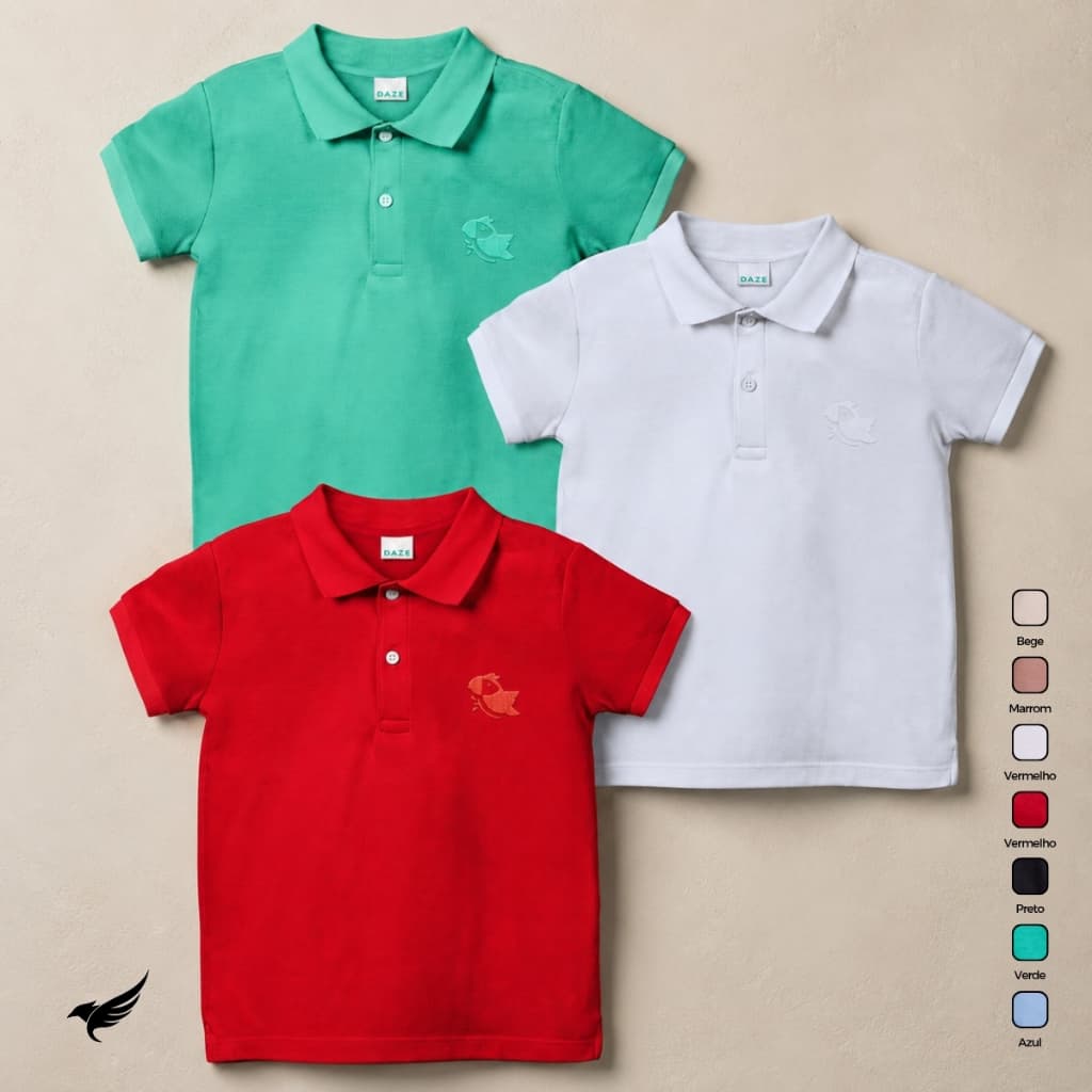 KIT 3 Polo Infantil Menino Camisa Masculina Manga Curta