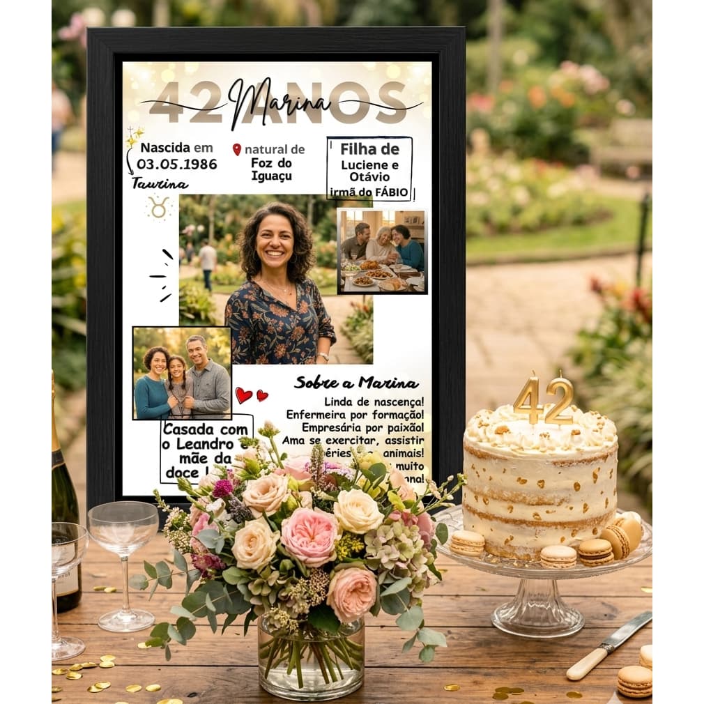 Quadro Personalizado Aniversário Moldura MDF Proteção em VIDRO Presente Porta-retrato Decorativo tamanho A4