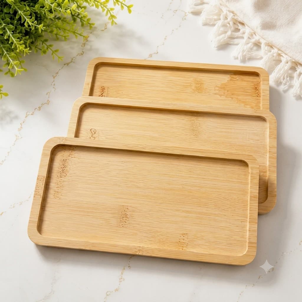 Kit 3 Bandejas Bambu Pequenas 20x10cm Para Petiscos E Decoração
