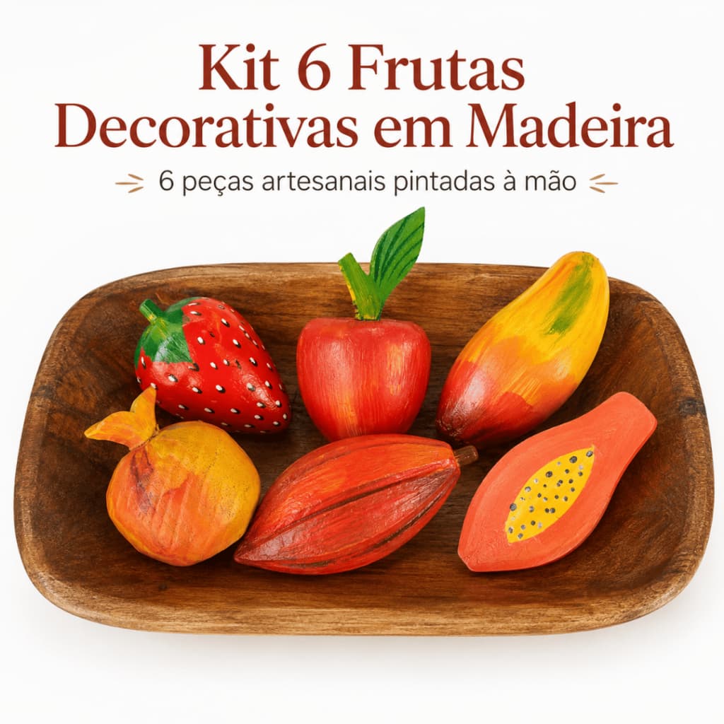 Kit 6 Frutas Em Tons de Vermelho de Madeira Fruta Artificial Para Decoração