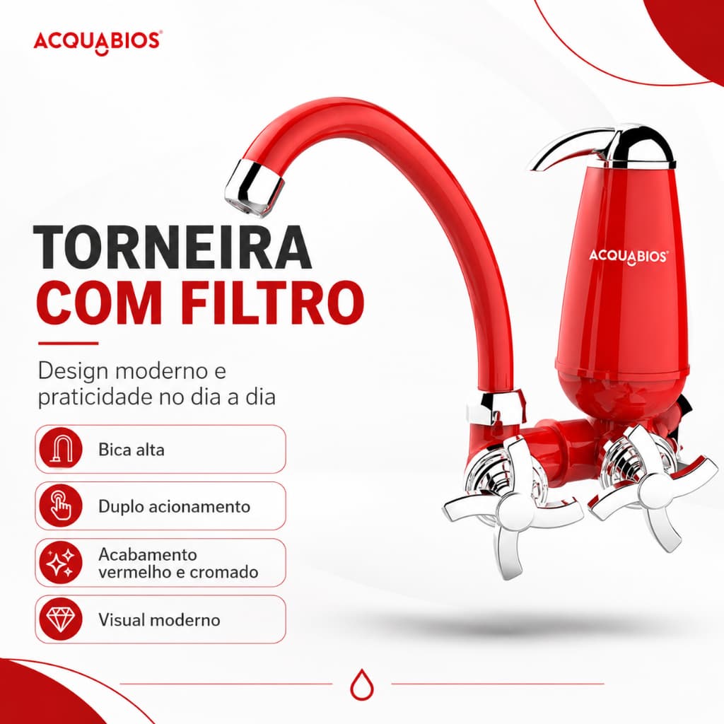 Torneira De Cozinha Com Filtro Bica Móvel Vermelho Cromado Acquabios