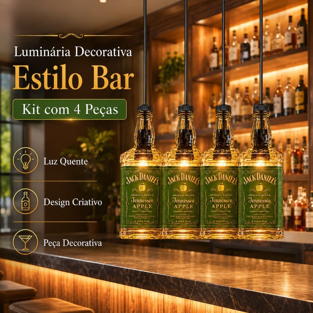 Kit 4 Lustres De Garrafa Decorativa Pendente Artesanal Com Chicote Soquete Para Bar Área Gourmet Churrasqueira