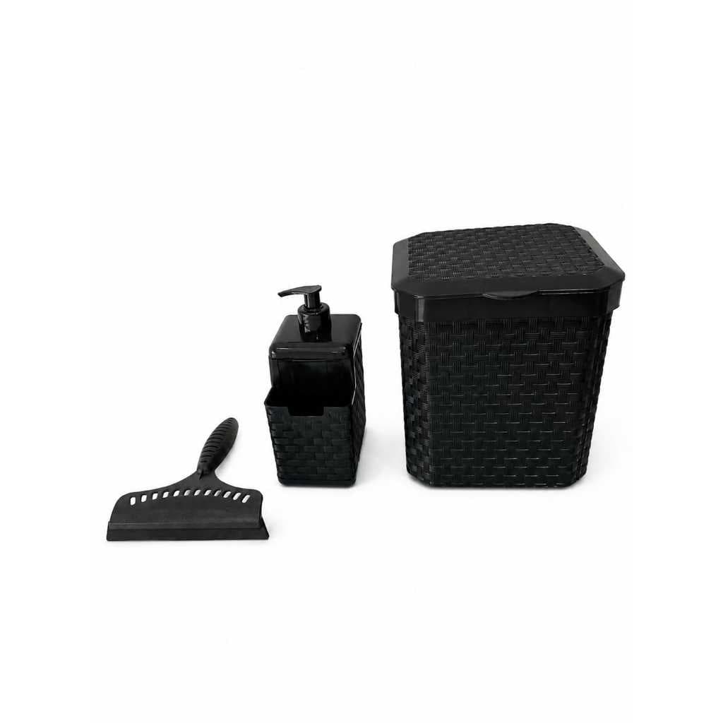 KIT DE PIA PRETO RATTAN LIXEIRA DE PIA DISPENSER DE DETERGENTE E RODO