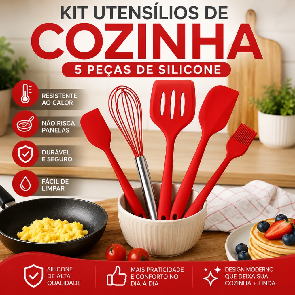 Kit Utensilios Silicone Cozinha 5 Pecas Espatulas Pincel Batedor Antiadherente Colorido