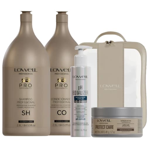 Kit Lowell Lavatório Shampoo e Condicionador 2,5 L e Acidificante 200ml +BRINDE Necessaire e Máscara Prot Care 48g
