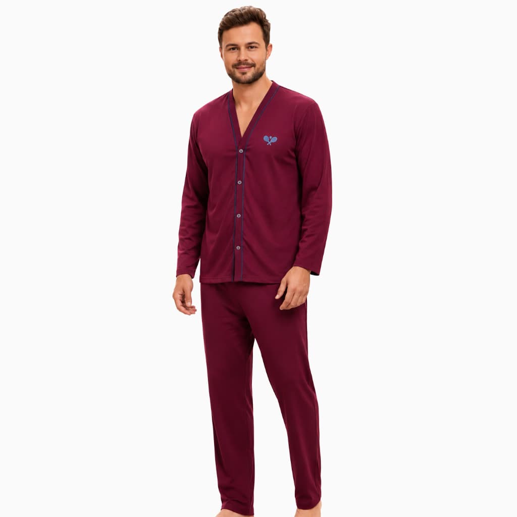 Pijama Masculino Aberto com Botão Manga Longa e Calça Comprida Inverno Pós Cirúrgico Idoso