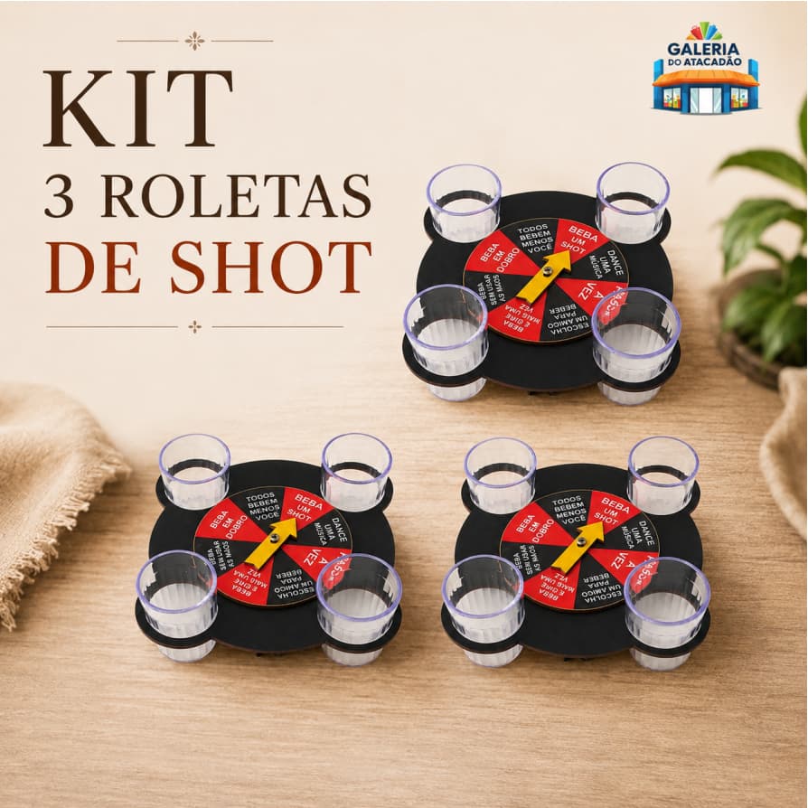 Kit 3 Roleta Roda de Shot de Mesa com 4 Copos Cachaça Acrílico 50ml Bebida Happy Hour