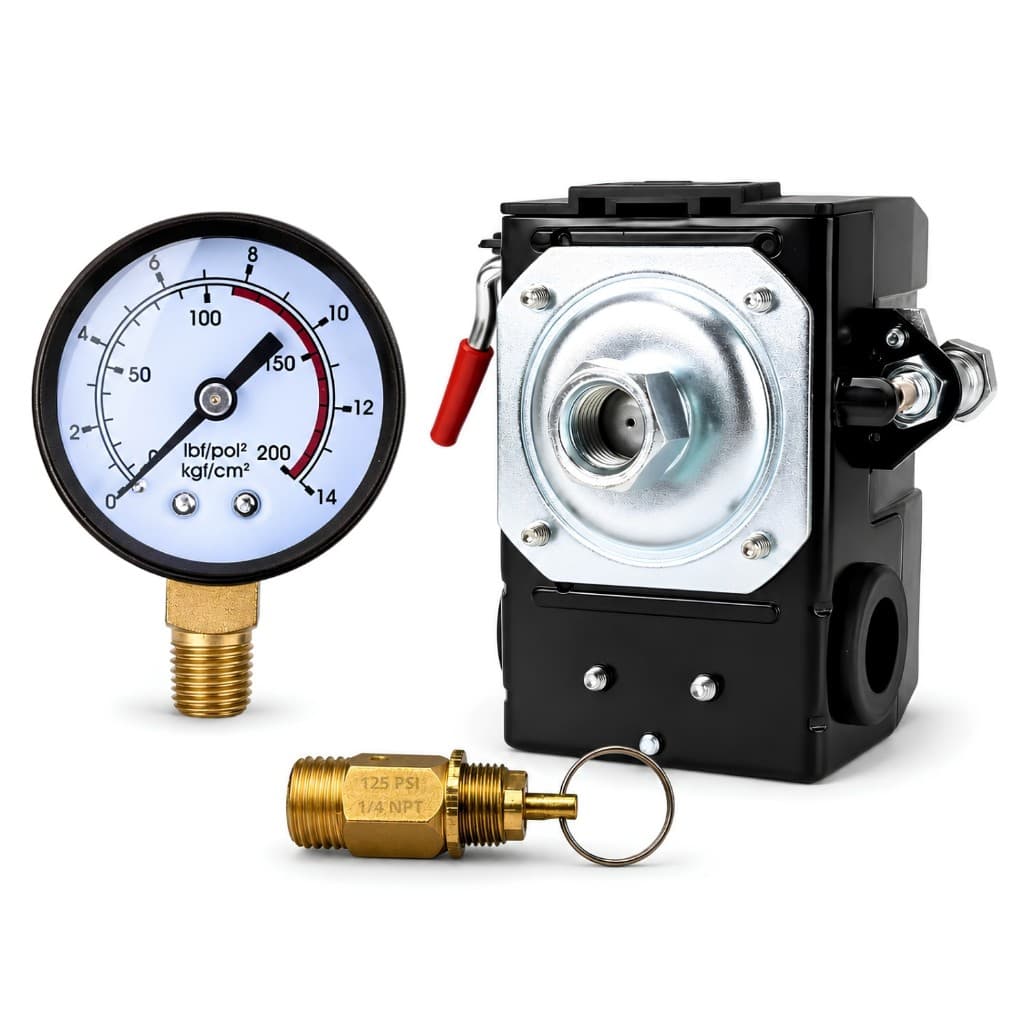 Kit Com Pressostato 80/120 PSI 1 via + Válvula e Manômetro