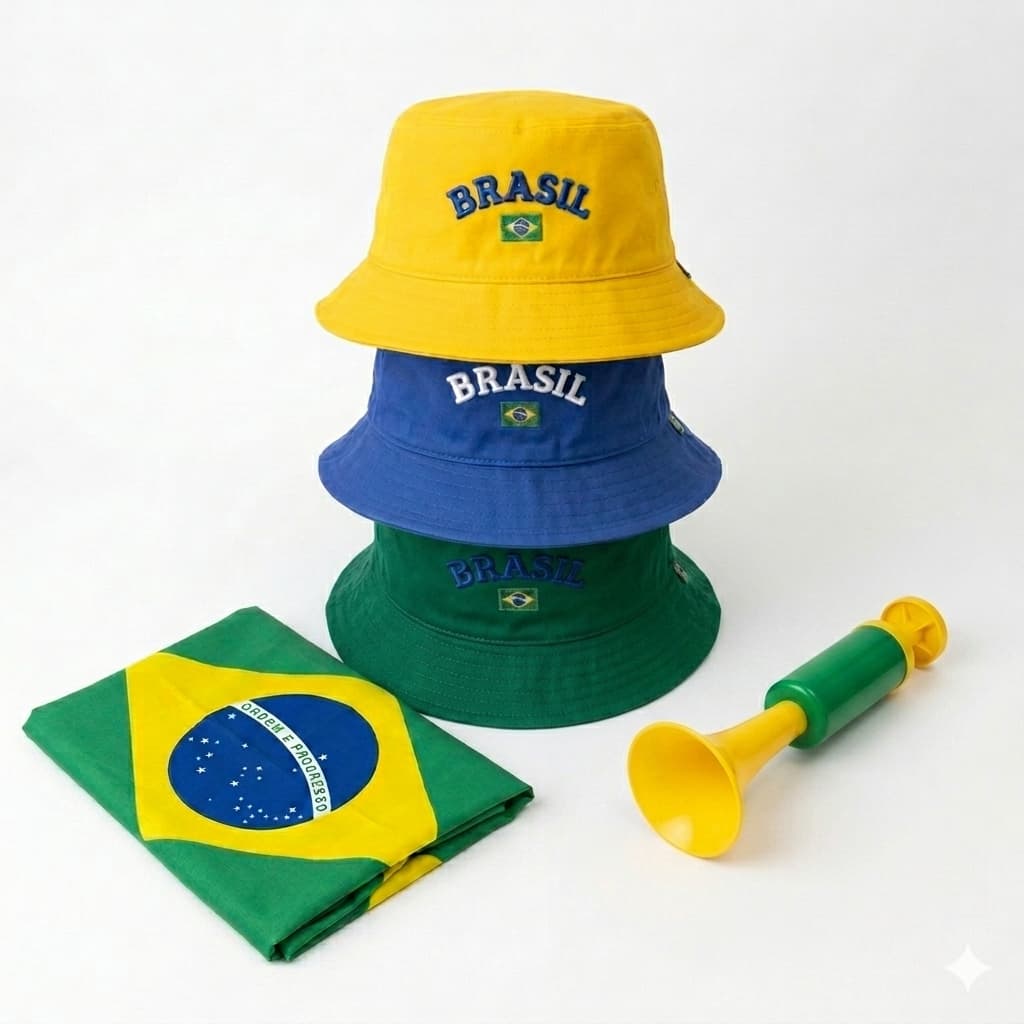 Kit Torcida Seleção Brasileira Bucket Hat Brasil Bordado Chapéu Copa do Mundo Moda Unissex