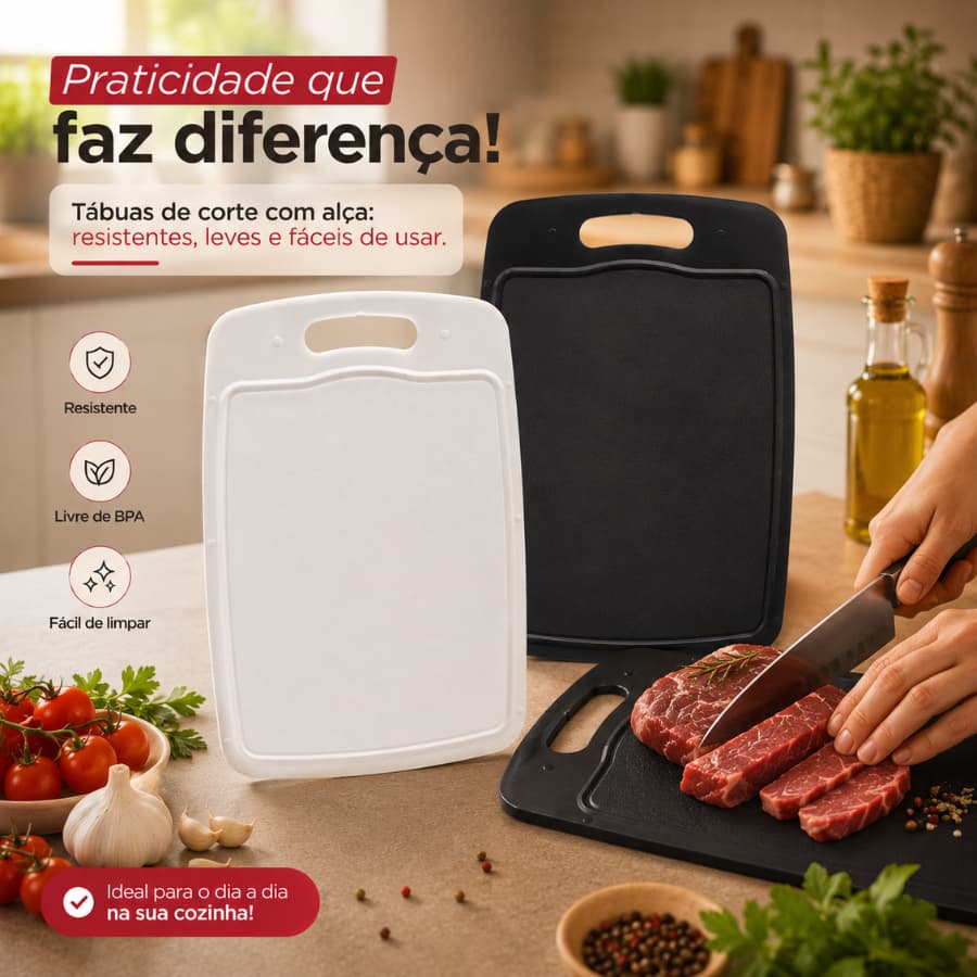 Tábua de Corte para Carnes Legumes Frutas 29x20cm Plástica com Alça Resistente Livre BPA Cozinha
