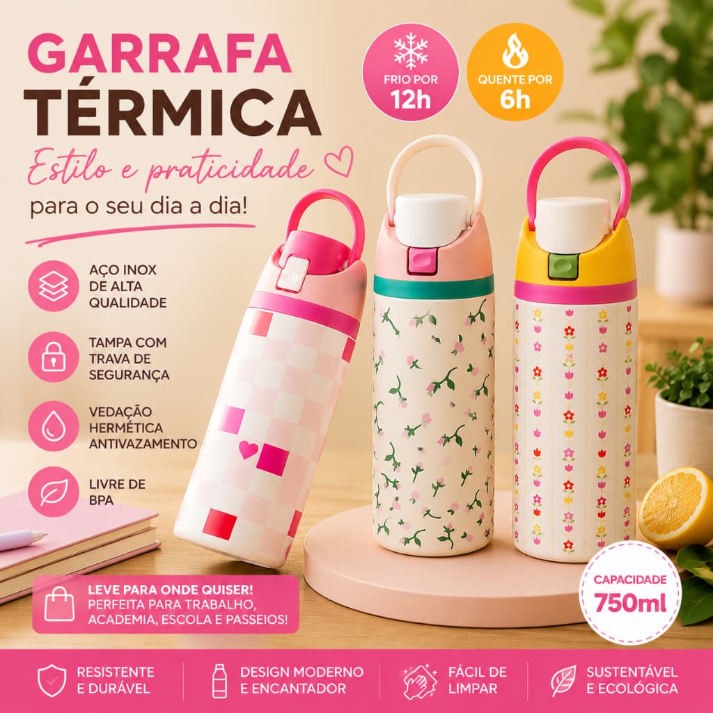 Garrafa Térmica Com Alça 720ml Quente E Frio Portátil Sortida Academia Trabalho