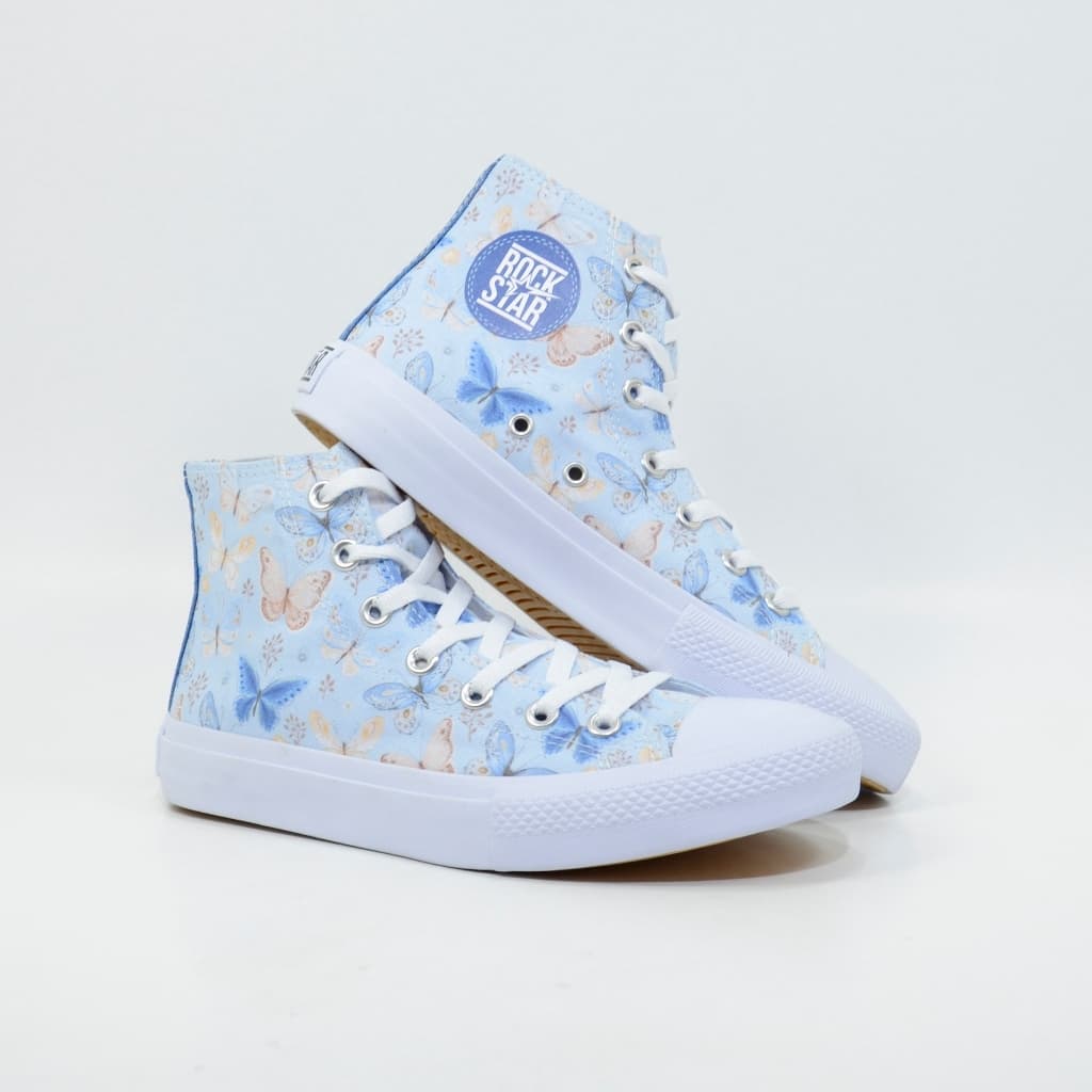 Tênis Feminino Delicado Cano Alto Borboletas Azul Modelo Clássico Casual Adulto