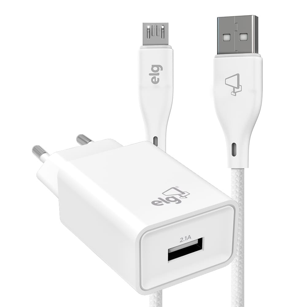 Kit Carregador Parede Universal, Cabo Micro-USB 1 Metro, Carga Rápida 2.4A 12W, Branco, KT510WC, ELG