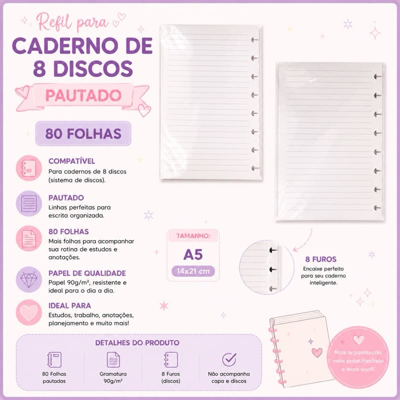 Refil Caderno Inteligente A5 80 Folhas Pautadas 8 Discos Papel 90g