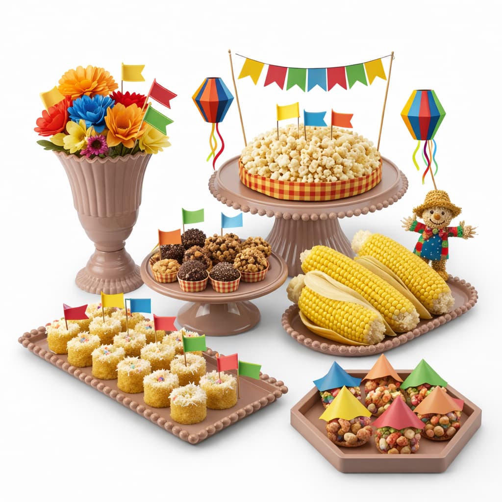Kit Festa Junina Mesa Decorada 6 Peças Boleiras Bandejas Vasos para Arraiá e Festas Regionais