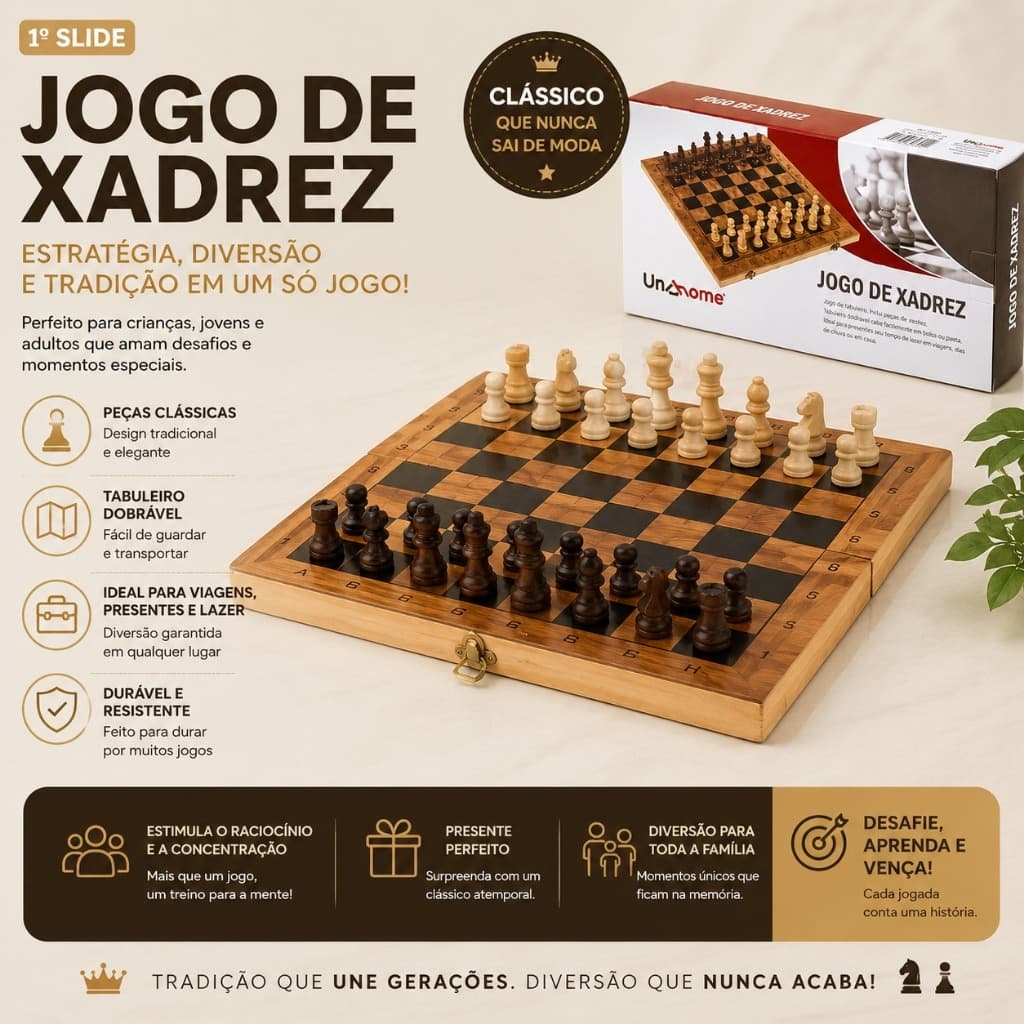 Jogo Xadrez Profissional Tabuleiro Dobrável de Madeira Estratégia Dama
