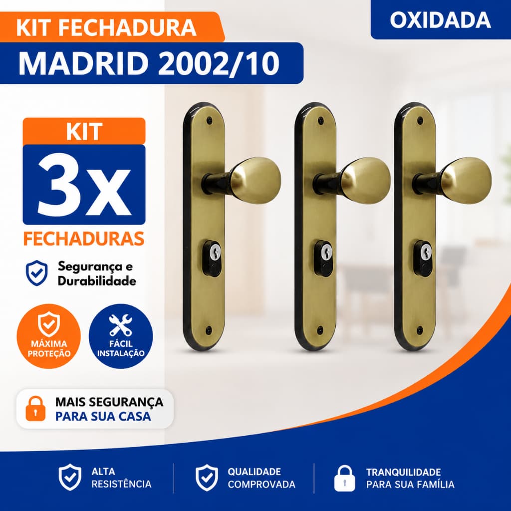 Kit com 3 Fechaduras Hela Madrid 2002/10 Linha Oxidada (LO) Externa Interna Banheiro