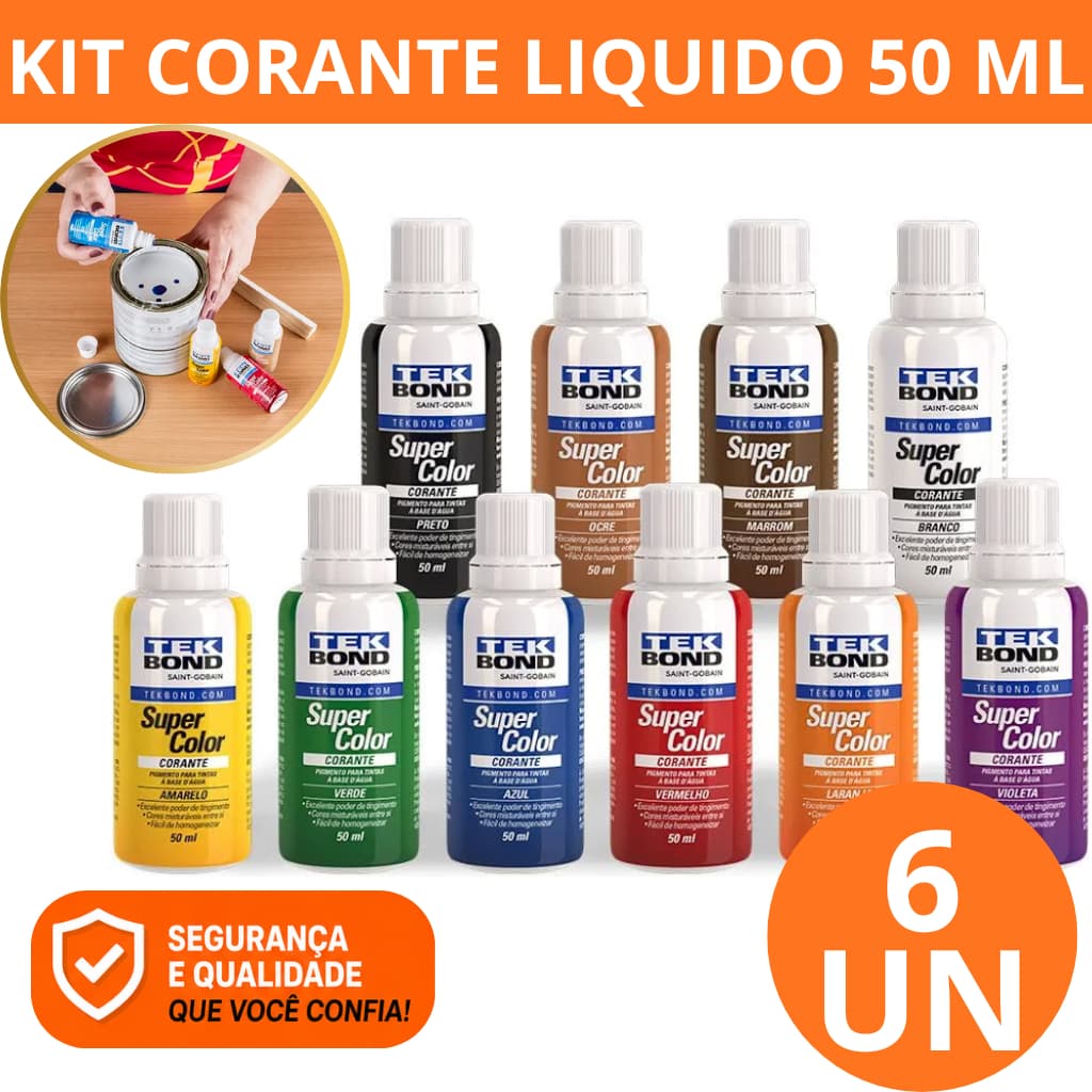 kit 6 Corantes Líquidos Tekbond 50ml Para Tinta Parede Acrílica Látex Artesantato