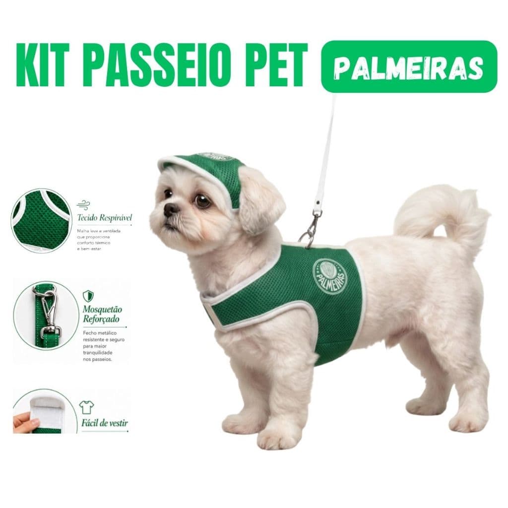 Kit Palmeiras Colete Peitoral cachorros e gatos Time de Futebol palmeiras com Guia 1 Metro