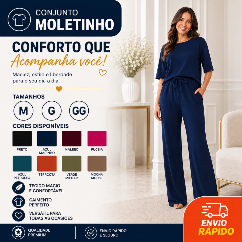 Conjunto Feminino Moletinho Premium – Look Completo com Calça Pantalona e Blusa Confortável