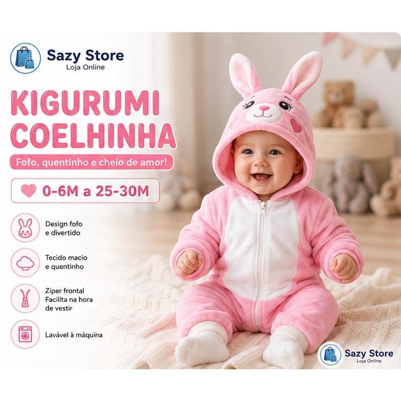 Kigurumi Coelhinha Bebê Menina Macacão Infantil Peluciado Quentinho Inverno