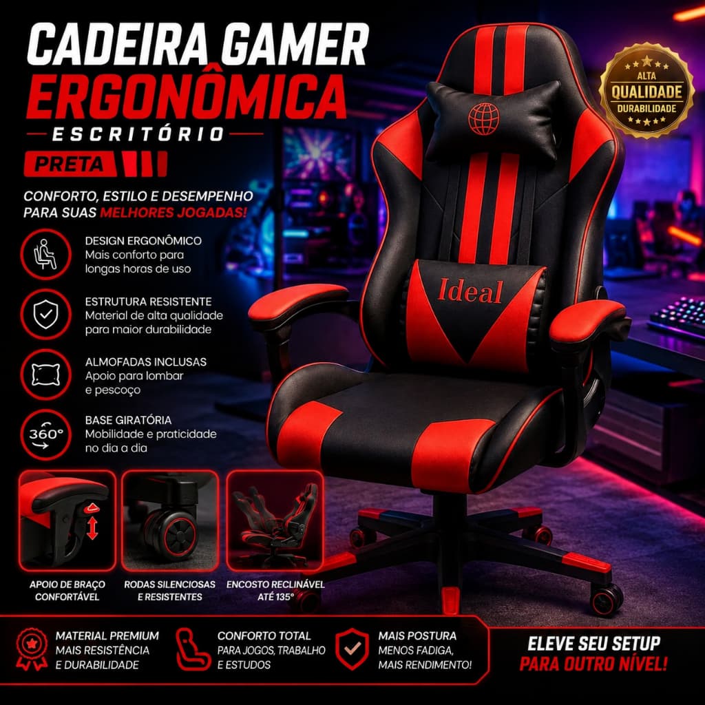 Cadeira Gamer Ergonômica Preta Escritório Reclinável Giratória Ajuste Altura Apoio Lombar Cabeça