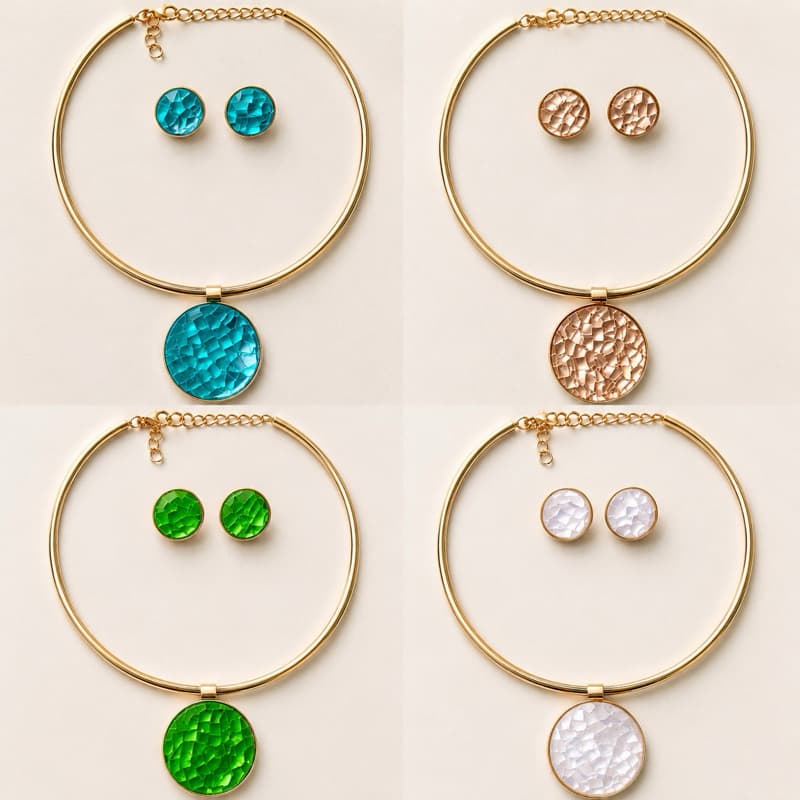 Conjunto Colar e Brinco Resina Colorida Feminino Elegante Dourado Moderno - Colar de aro - kit 2 peças