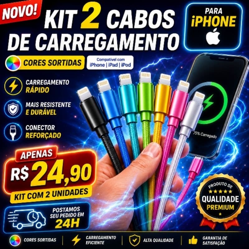 Kit 2 Cabos para iPhone 1,20m – Carregamento Rápido, Cores Sortidas, Envio em 24h ⚡📱