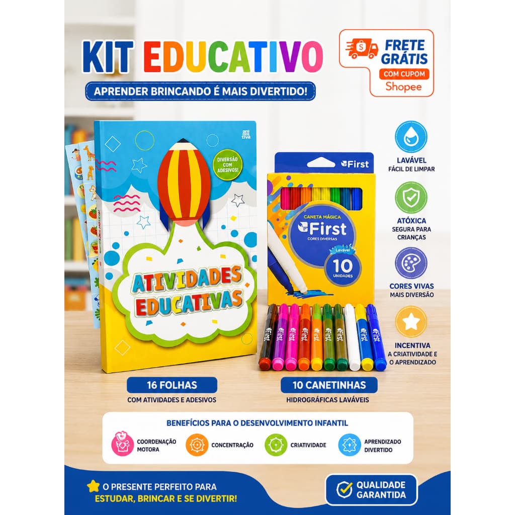 ⭐ Kit Atividades Educativas Infantil 16 Folhas + 10 Canetinhas Hidrográficas Laváveis Coloridas