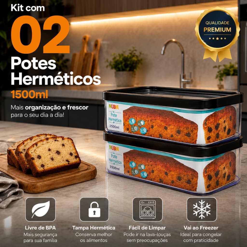 Kit 2 Porta Pão Bolo Biscoito Bolachas Acrílico Pote Hermético 1500ml