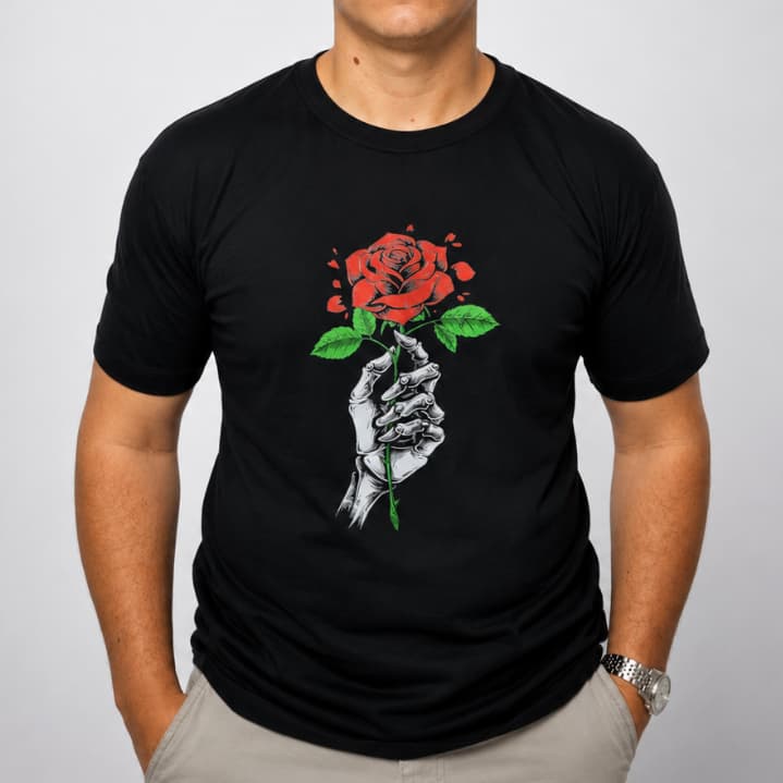 Camiseta Masculina Casual 100% Algodão Logo DTF StreetWear Esqueleto e Rosa Moderna e Minimalista Estilosa