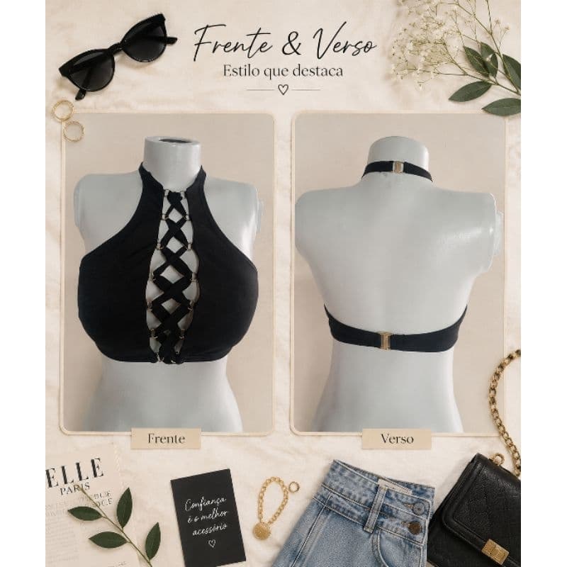 Cropped Feminino Preto com Bojo Frente Trançada Poliamida Elastano Gola Alta Lojas Renner Tamanho M