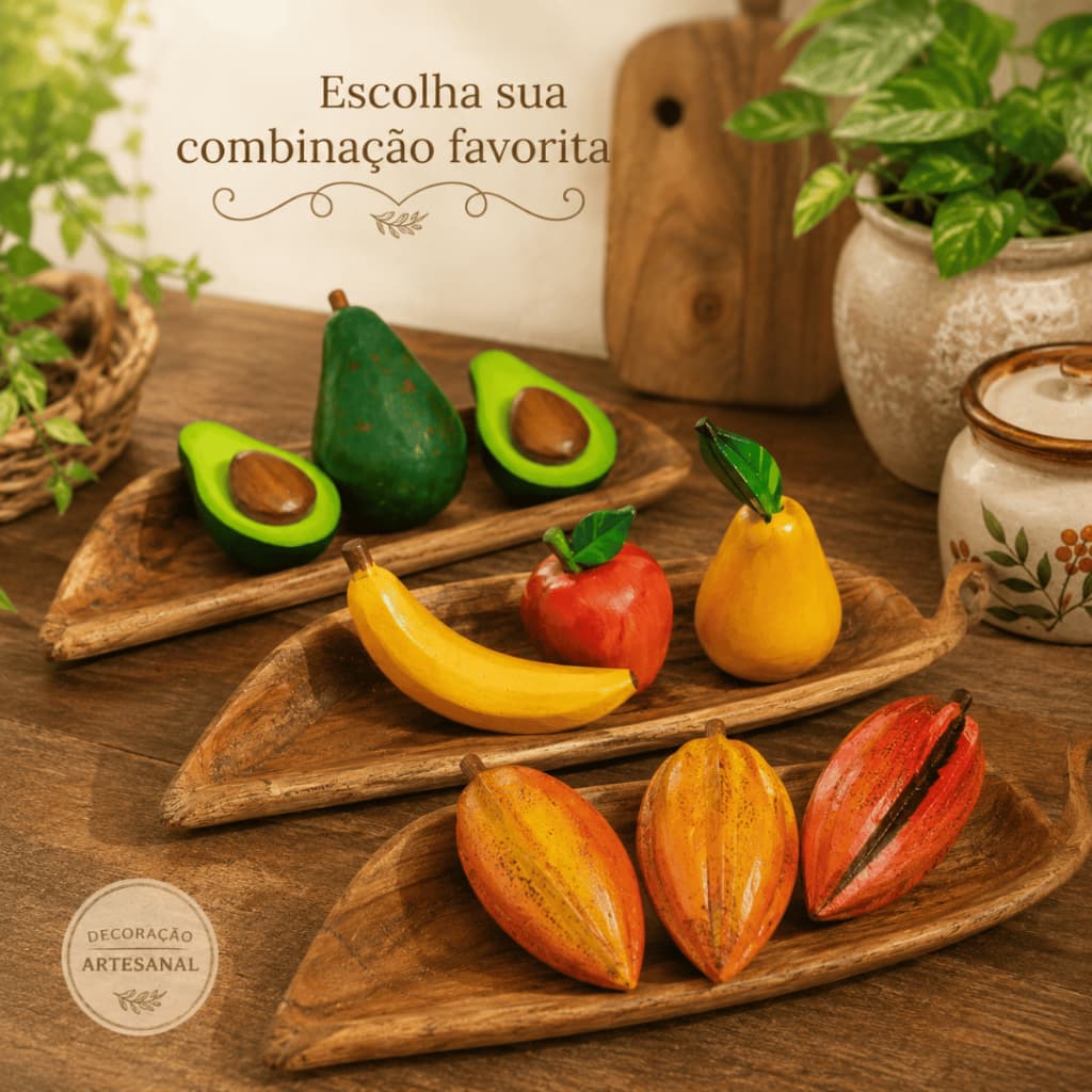 Kit 3 Frutas Feito a Mão Em Madeira Entalhadas Para Decoração Com Pintura Realista
