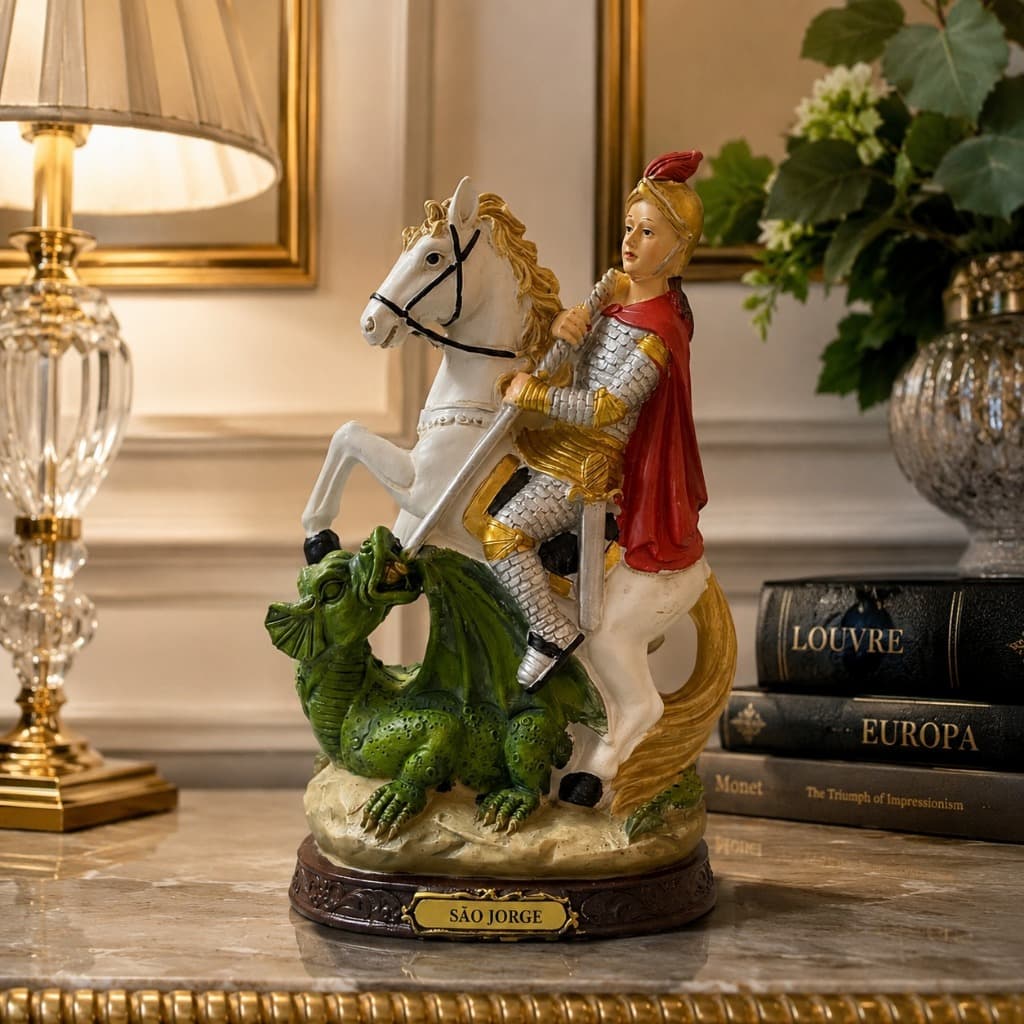 Imagem de São Jorge em Resina 20cm Escultura Cristã com Acabamento Fino Estátua Guerreiro no Cavalo para decoração
