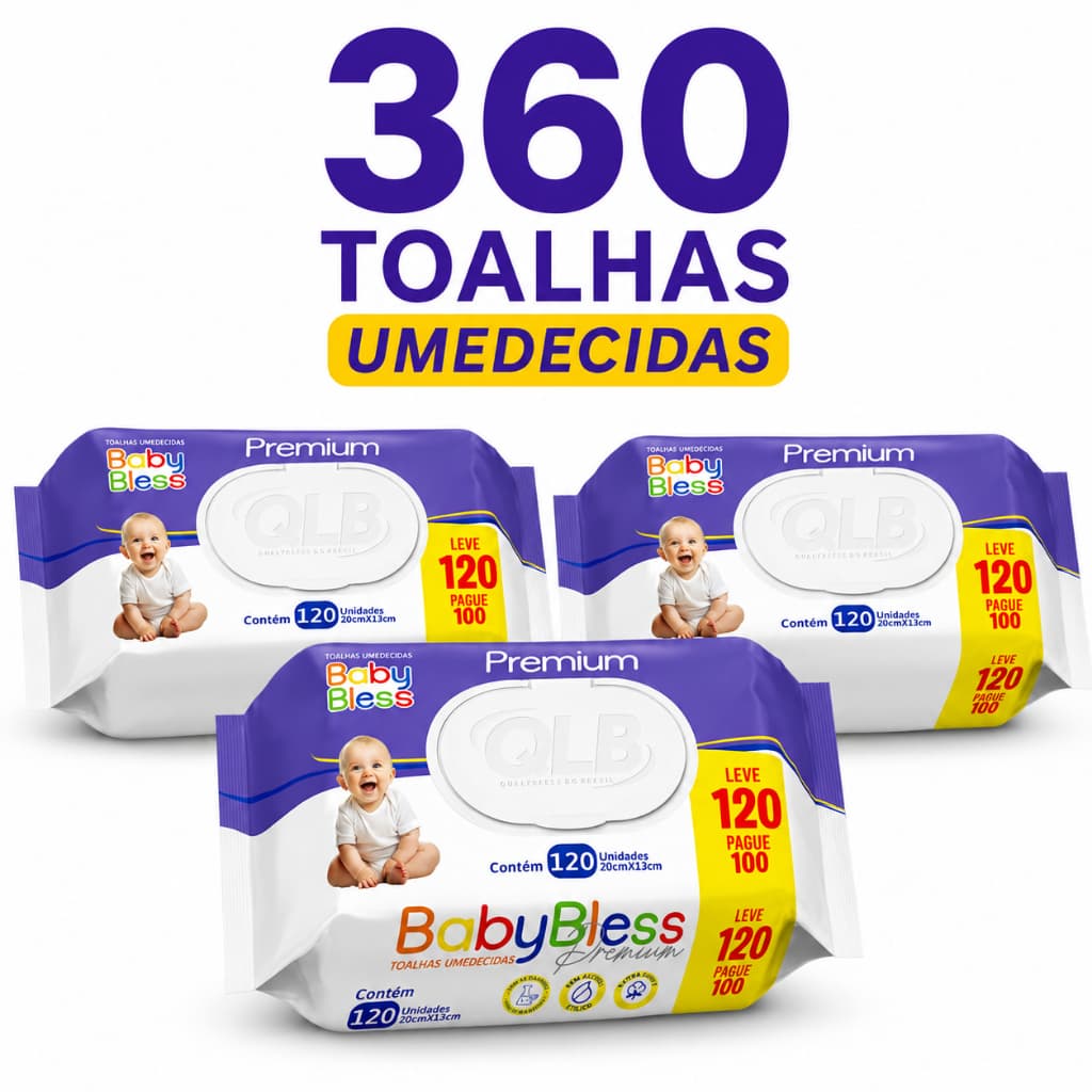 Kit 3 Pacotes Toalhas Umedecidas BabyBless Premium com 120 Unidades Cada