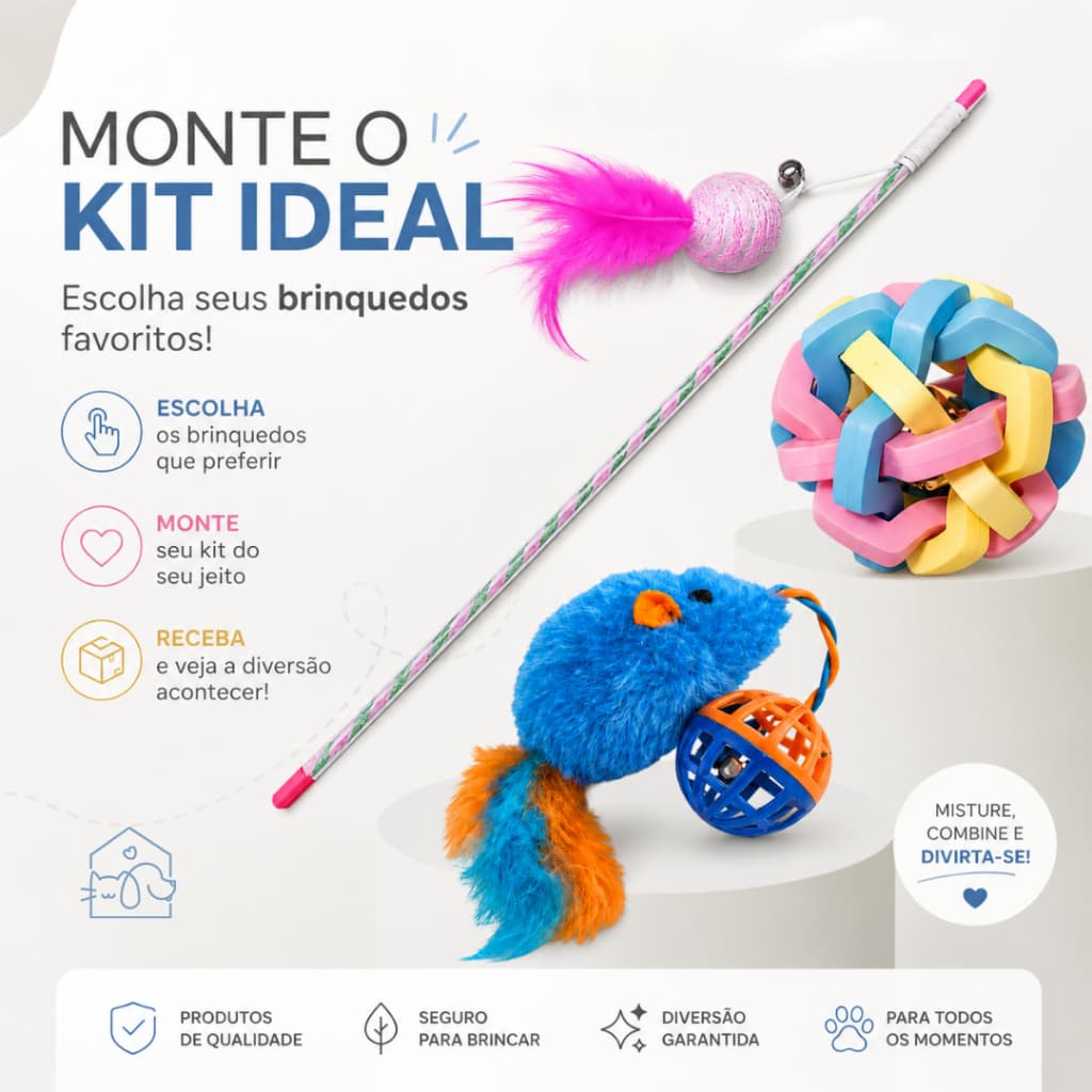 Brinquedos para Gatos Monte Seu Kit Bola Sino Pelúcia Mola Maluca e Varinha Com Bolinha