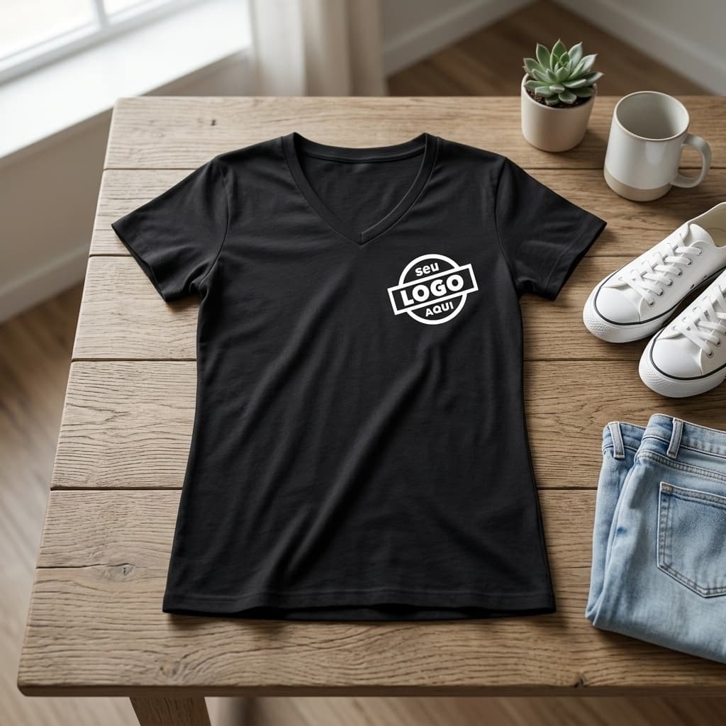Camiseta Feminina Personalizada 100% Algodão Gola V Logo Personalizável Conforto e Estilo Frente e Costas