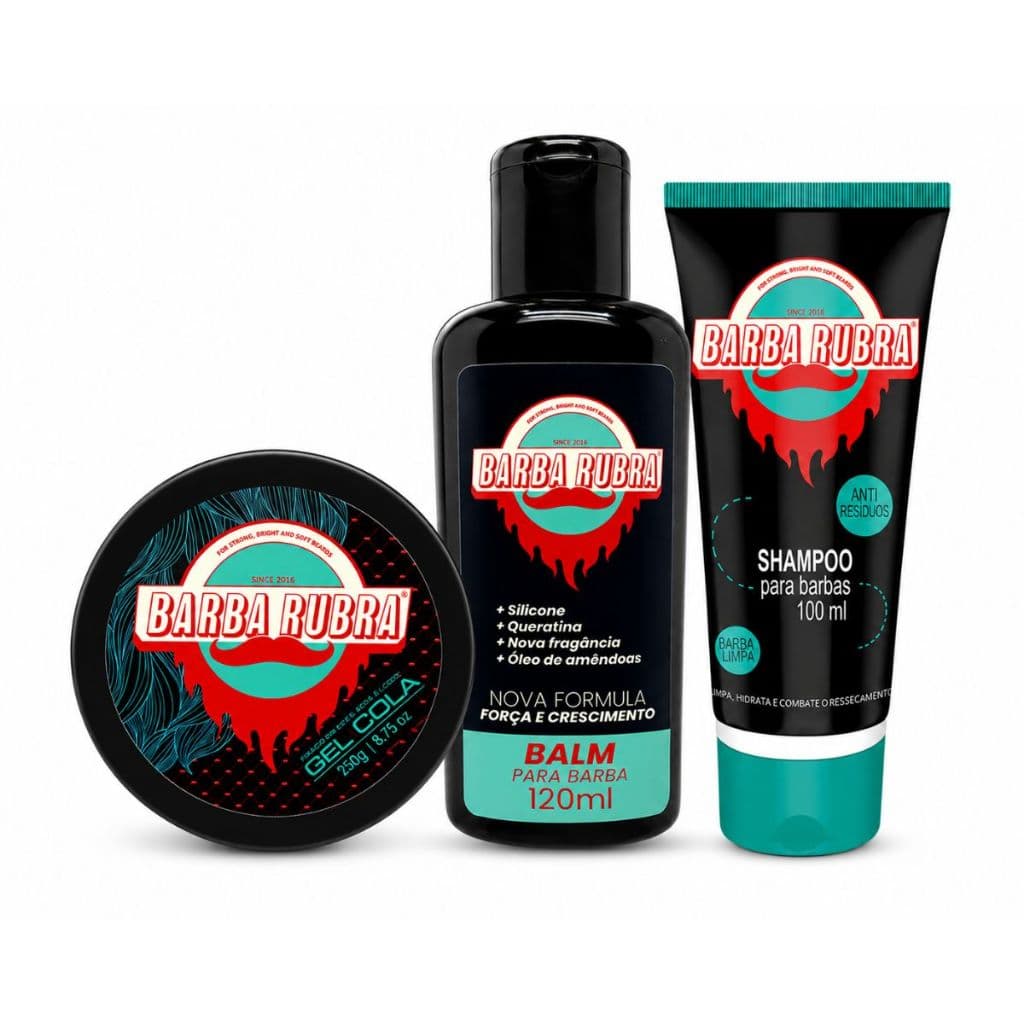 Kit Barba Rubra Com Balm, Shampoo de Barba e Gel Cola Cabelo