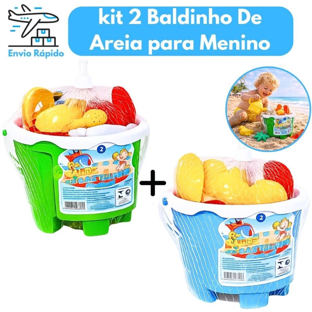 Kit 2 Baldinhos De Areia Infantil Menino 6 Acessórios Castelo Praia Pá Bichos