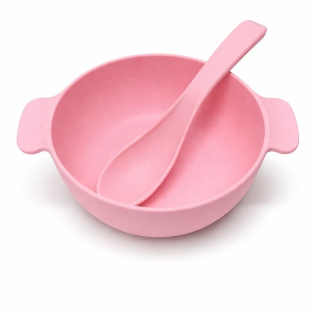 kit Tigela Rosa Bowl + Colher Refeição Infantil Bebê Criança Plástico Ecológico