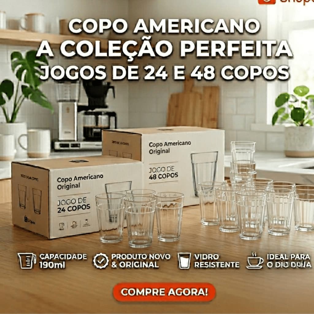 Copo Americano 190ml Vidro Classico,Resistente, Ideal Para Casa, Restaurante e Bar.Bebidas Em Geral
