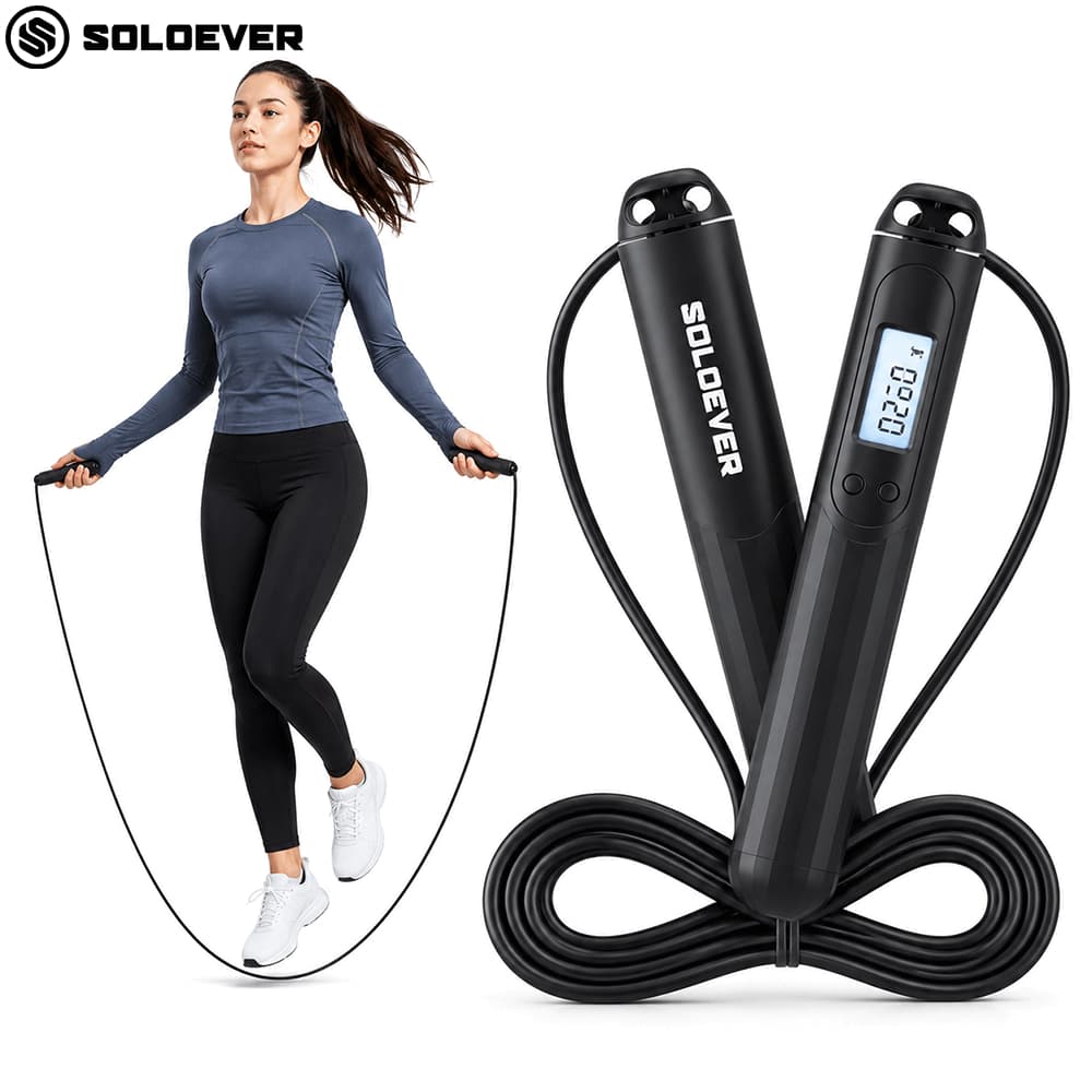 SOLOEVER Corda de Pular Crossfit, Digital com Contador de Saltos, Cabo Ajustável e Empunhadura Antiderrapante