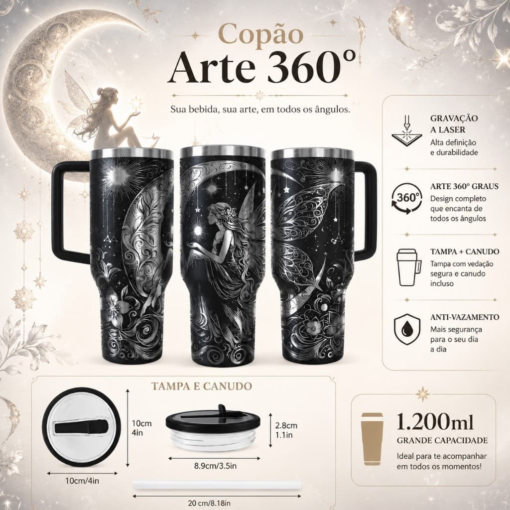 COPO TÉRMICO 1200ML COPÃO COM ARTE A LASER 360 GRAUS TEMA: LUA E FADA  IDÉIAS DE PRESENTE