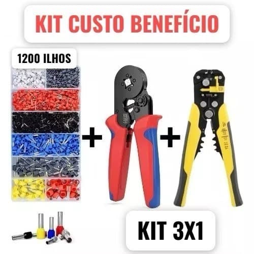 Alicate Crimpar Cripador + 1200 Terminais Ilhos + Alicate Descascador Decapador Kit Com 3