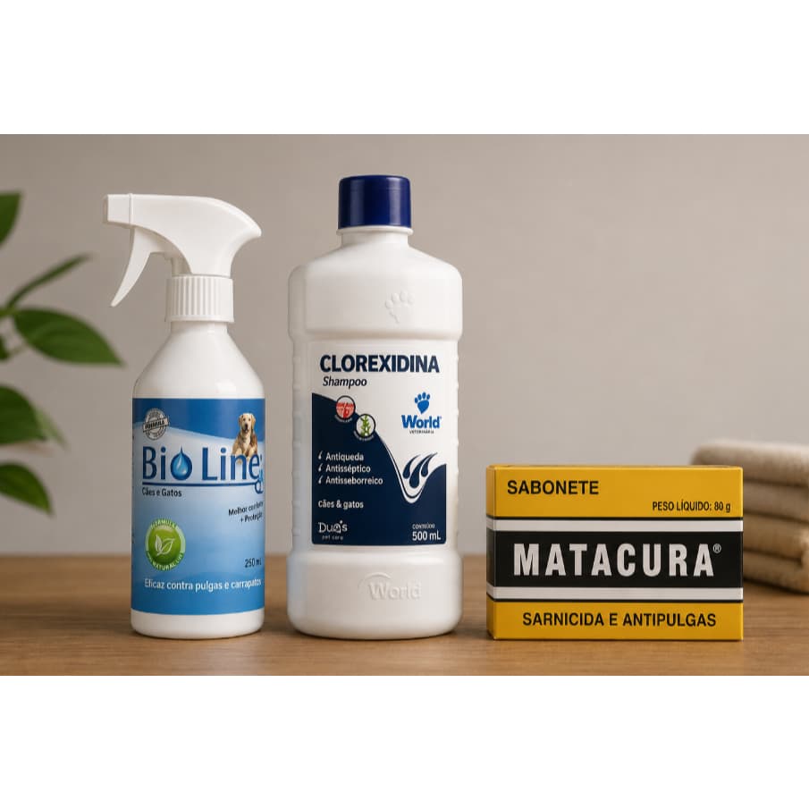 Kit Completo Antipulgas para Cães e Gatos | Bio Line + Clorexidina + Matacura