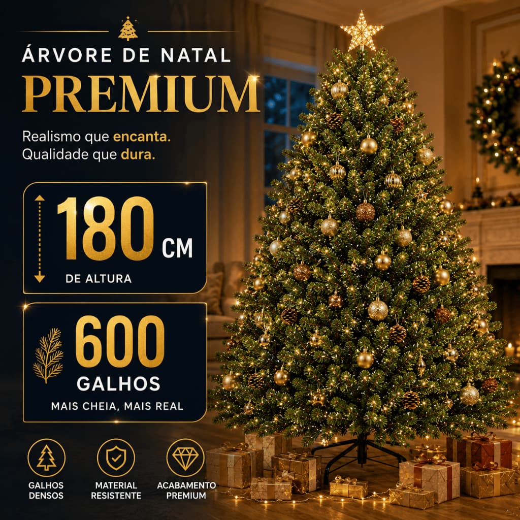 Árvore de Natal Premium 180cm 600 Galhos Super Cheia Luxo Base de Ferro Pinheiro Realista