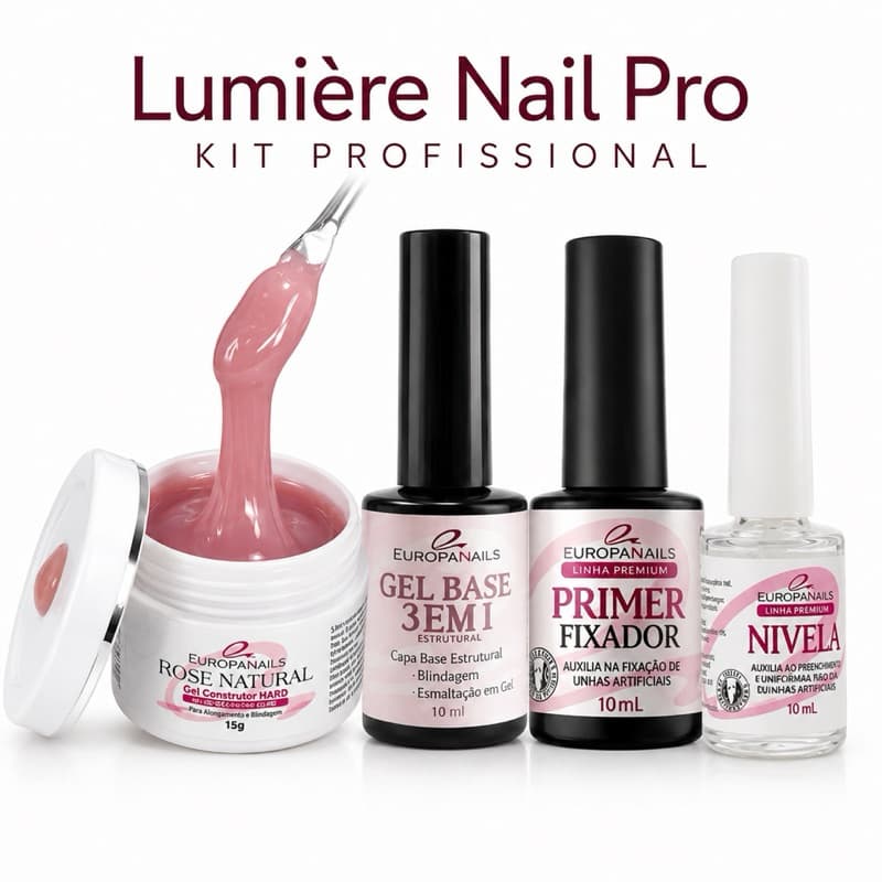 Kit para Unhas em Gel 1 Nivela 1 Primer 1 Gel Base 1 Gel Rose Natural T3 Europa Nails + BRINDE