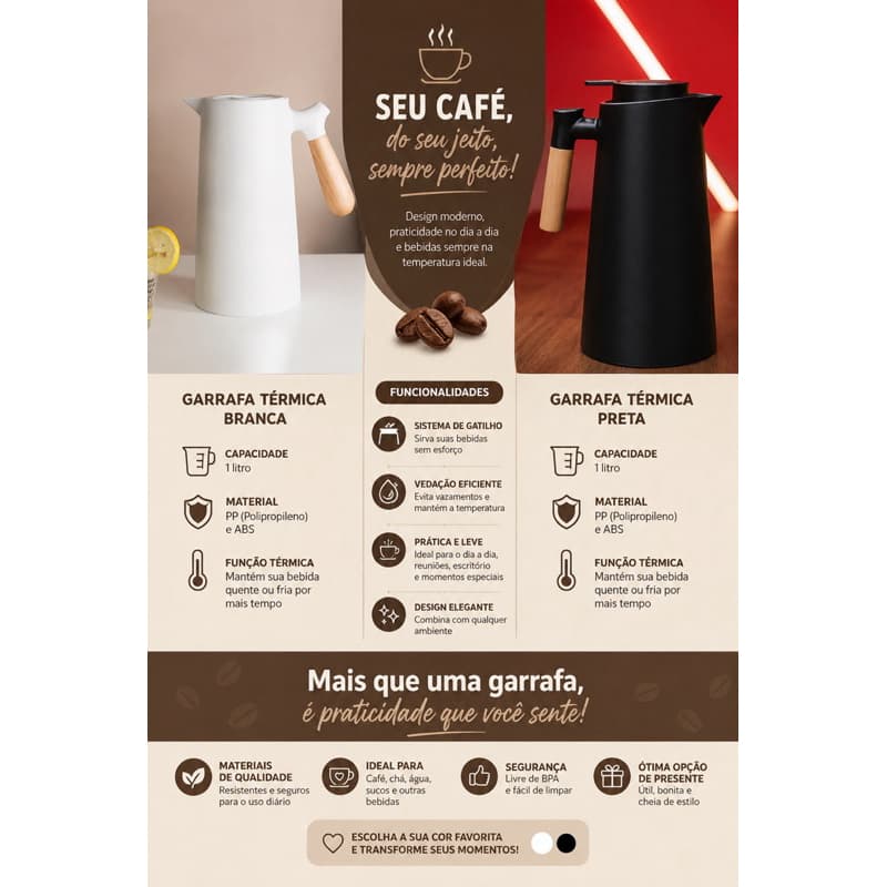 Garrafa Térmica de Café Moderna – Design Elegante com Alça em Madeira | Preta ou Branca